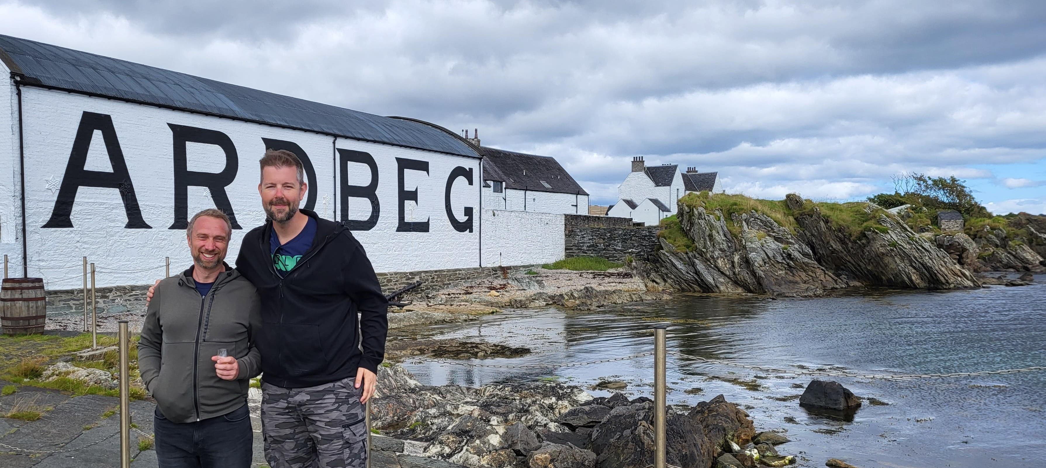 Pete and Mark outside the Ardbeg warehouse on Islay, July 2022